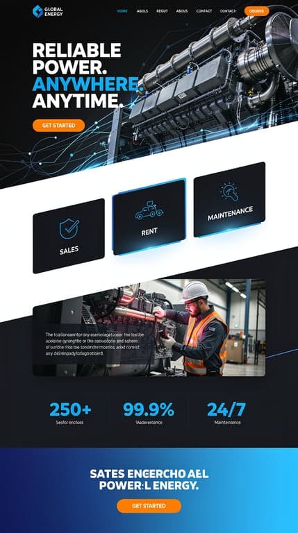 Homepage for "Global Energy" power generation company, sleek modern engineering aesthetic. Dark near-black hero background with a glowing blue circuit/energy grid pattern behind a diagonal-cropped photo of an industrial generator, huge bold uppercase display headline "RELIABLE POWER. ANYWHERE. ANYTIME." in white and electric blue, CTA button in vivid orange. Asymmetric offset layout throughout: angled section dividers, alternating dark navy and white sections, a diagonal services grid of 3 cards (Sales/Rent/Maintenance) with icons, a large full-bleed maintenance technician photo section with text overlay, bold stat counters in electric blue on dark background, and a bottom CTA banner with strong gradient from navy to blue. Technical, high-contrast, premium industrial feel.