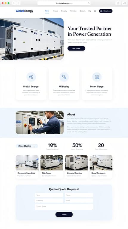 Homepage for "Global Energy" commercial power generator company, clean corporate-trustworthy design with soft light-blue (#dbeafe) and white background, deep navy (#1e40af) text and accents. Centered hero with a calm professional photo of a commercial building generator installation, rounded-corner image frame, warm confident serif-meets-sans typography pairing, headline "Your Trusted Partner in Power Generation", subtle soft shadows and rounded cards throughout. Sections include a clean 3-column services grid with light blue icon badges, a horizontal image-text about section, a light-colored stats strip, a case-studies gallery grid, and a friendly rounded-corner quote-request form section. Airy, trustworthy, approachable, generous whitespace, minimal but warm.