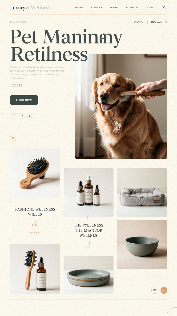 Editorial luxury pet wellness homepage, very minimal magazine-style grid layout, asymmetric offset sections, large cream whitespace, one hero image of a golden retriever being brushed by hand in soft natural window light, oversized elegant serif typography in soft charcoal #202321 mixed with small-caps sans-serif labels, deep mineral #315F62 and warm oak #B99B78 used sparingly as accent lines and buttons, subtle grain texture, sophisticated spa-like mood, product shots arranged like a fashion lookbook rather than an ecommerce grid.
