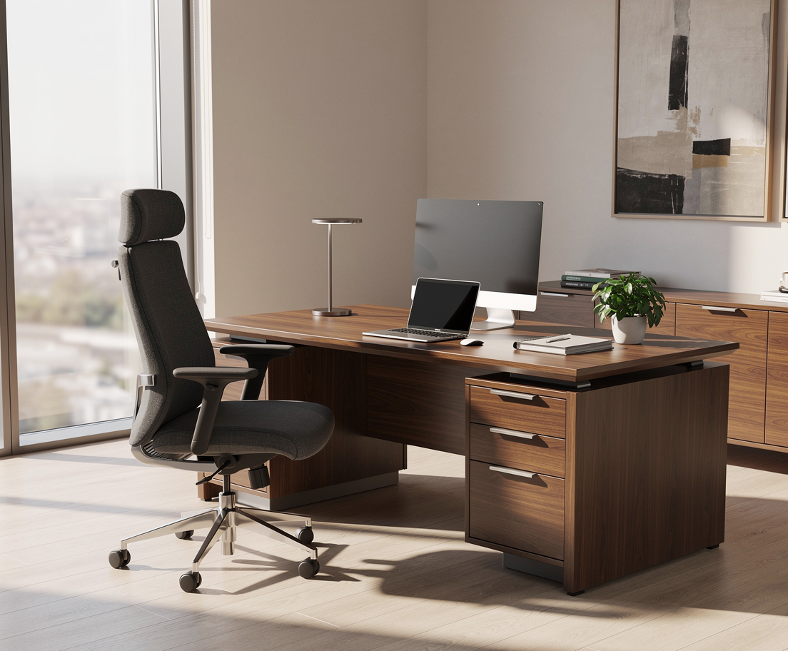 Photorealistic modern executive office furniture, wooden desk and ergonomic chair with storage in a bright sunlit office space, warm natural light, high detail interior photography