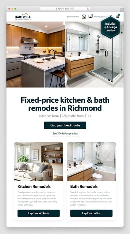 Homepage for Hartwell Renovations (kitchen & bath remodeler, Richmond VA) promoting a fixed‑quote promise and 3D design previews: bright, modern one‑page layout in white and warm wood tones with a single confident accent color, hero before‑and‑after slider showing kitchen and bath, headline about fixed‑price remodels, subtext “kitchens from $28k, baths from $14k,” and icons for dust‑controlled job sites and 3D previews. Include clear Kitchen and Bath entry buttons/cards, a 3D preview badge, and a confident, clean typographic call to action.