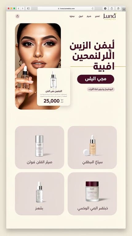 Full-page website mockup for "Luna Cosmetics", a premium Iraqi cosmetics store, fully Arabic RTL layout with Arabic typography. Direction 1 — "Editorial Boutique": airy off-white ivory background with deep wine/plum (#701a75) headings and orchid (#a21caf) accents, pale mauve (#fae8ff) tint blocks. Hero is an asymmetric split: oversized Arabic display headline right-aligned on the right with a slim gold-thin underline and a filled wine "اشتري الآن" pill button, and a tall rounded portrait photo of a woman with glowing skin holding a serum bottle on the left, overlapped by a small floating product card. Below: a four-tile category grid with rounded corners and Arabic labels, a 3-up featured product grid on mauve cards with prices in Iraqi dinars, a full-bleed offers banner, an about section with a soft duotone photo, testimonial cards, and a contact block beside an embedded map. Generous whitespace, refined and feminine, luxury magazine feel.