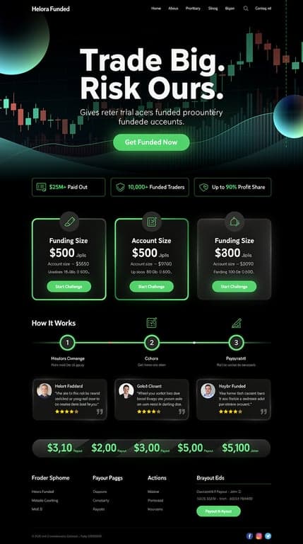 Helora Funded Homepage — Bold Emerald Trading UI