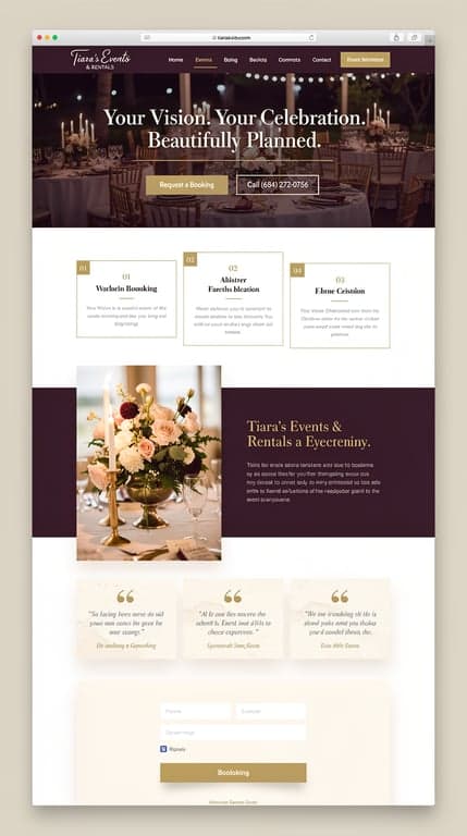 Tiara's Events & Rentals — Luxurious Plum & Gold Wedding Homepage