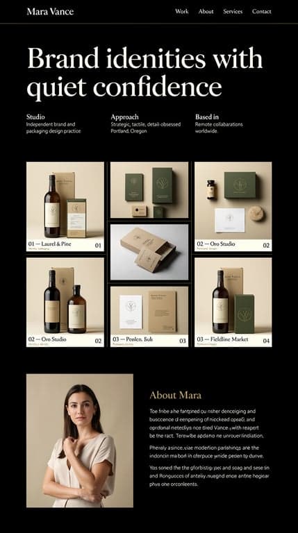 Full-page website mockup for "Mara Vance", a freelance brand identity and packaging designer. Editorial gallery direction: near-black #18181b canvas with off-white #fafafa type and a single warm bone accent; oversized serif display headline set in huge type across the hero with a small caption grid beneath, then an asymmetric masonry project gallery of packaging and identity photography with hairline dividers and numbered project labels, a split about section with a portrait photo left and long-form text right, and a minimal contact form on a light panel at the bottom. Generous whitespace, confident typographic hierarchy, quiet luxury mood.