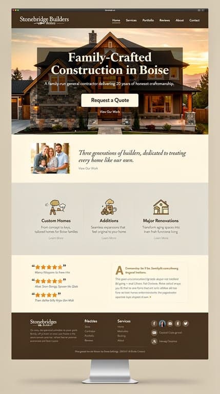 One-page homepage for Stonebridge Builders, a family-run Boise general contractor with 20 years of craftsmanship—warm, solid earth-tone design (deep browns, stone grays, cream) with large project photography, a one-line family story, three service blocks (custom homes, additions, major renovations), trust signals (reviews, badges, transparent quotes, on-time record) and a prominent "Request a Quote" call-to-action.