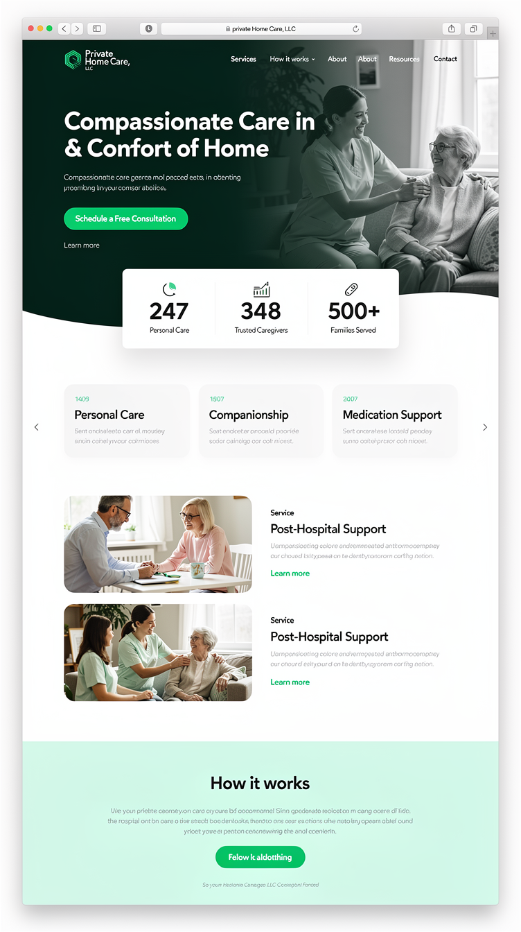 Private Home Care Emerald Website Mockup