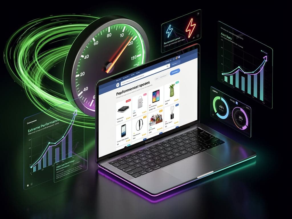 Dark-themed 3D isometric scene of a laptop displaying a fast-loading modern online store homepage, a large glowing speed gauge dial pointing to maximum with green light trails, floating performance charts and lightning bolt icons around it, purple-blue-green gradient lighting, sleek professional tech illustration