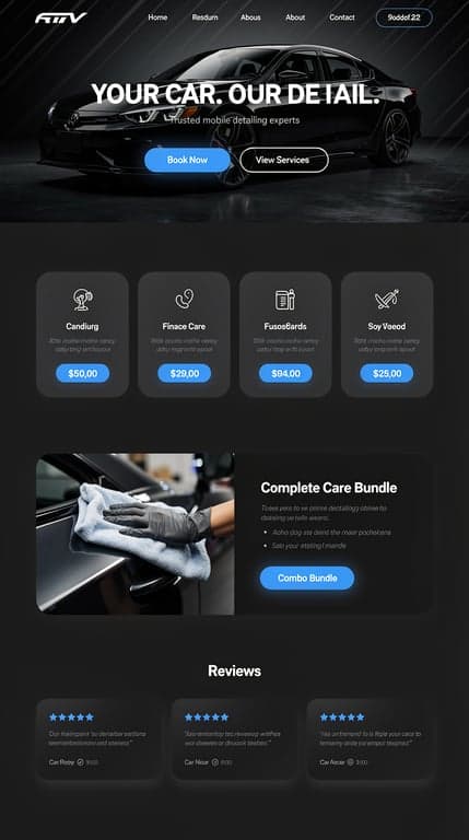 Premium mobile car detailing website homepage, dark charcoal/black background (#0d0f12), crisp white typography, subtle electric blue accent (#2b8fff) glowing highlights on buttons and icon outlines. Bold full-bleed hero with a glossy freshly-detailed black car photo, large condensed sans headline "YOUR CAR. OUR DETAIL." two pill buttons, trust line beneath. Below: services shown as rounded dark cards with soft shadows and blue price tags, laid out in a clean grid with generous whitespace. Combo bundle section with a horizontally offset image/text split. Reviews as sleek card carousel. Modern, minimal, high-end automotive studio aesthetic, lots of negative space, subtle diagonal light streaks.