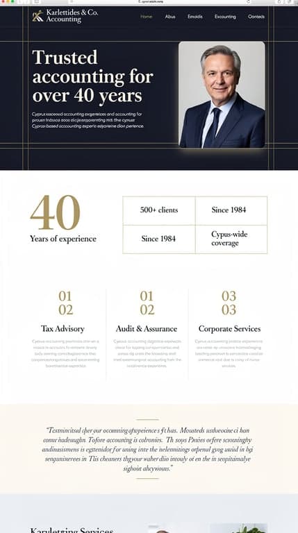 Full-page website mockup for "Karlettides & Co. Accounting", a Cyprus accounting practice with 40 years of experience. Direction A: editorial trust — deep midnight-navy (#0f172a) hero with a large serif display headline, thin gold-tinted hairline rules, an offset portrait photo of a distinguished accountant, generous whitespace on off-white (#f6f7f9) sections below; sections: split "40 years" stat band, three-column services list with numbered items, testimonial in oversized quote type, simple contact panel. Confident, calm, institutional but modern; Playfair Display headings with Inter body.