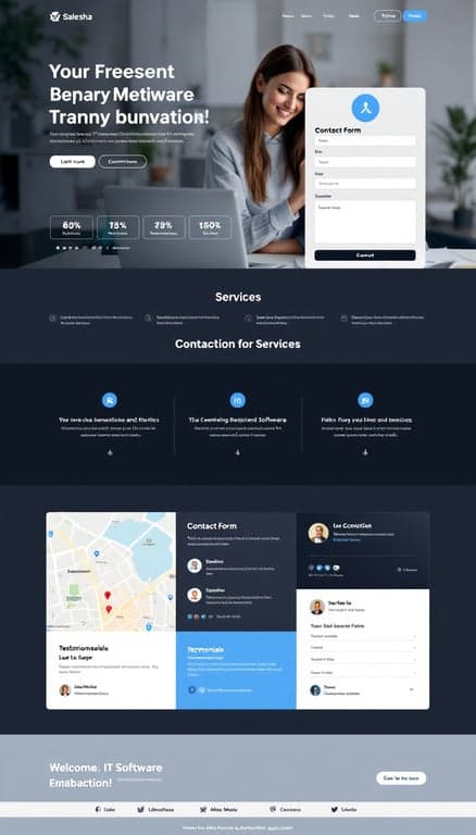 Design a clean, modern one-page website for Saiesha, an IT software company. Include sections for services, a contact form, a local map, testimonials, and links to social media.
