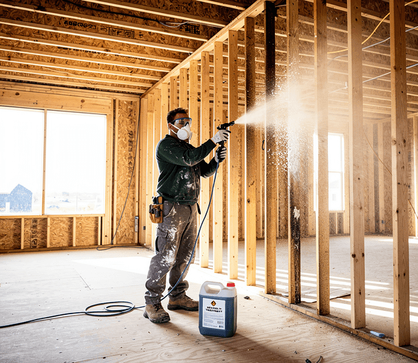 Man with a sprayer applying mold treatment to the wood framing of a new house