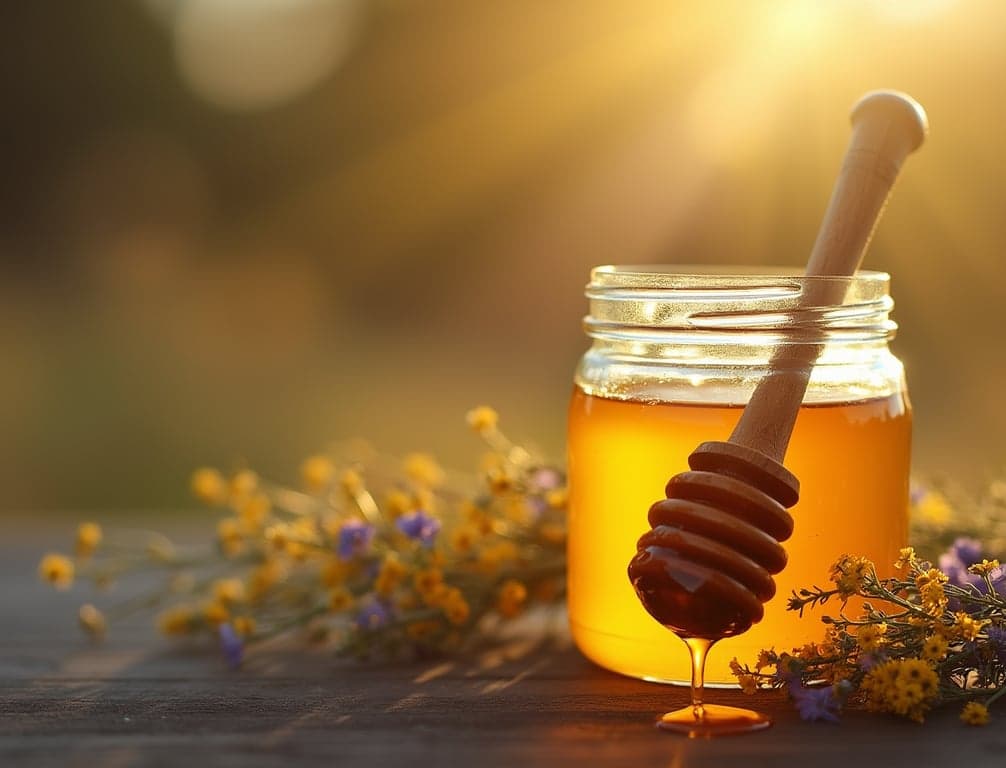 A warm, inviting hero image of a glass jar of raw local honey with a wooden honey dipper and wildflowers for Golden Grove Honey shop homepage