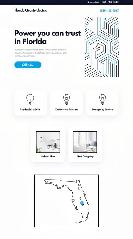 Clean, airy, minimalist corporate design for "Florida Quality Electric" electrical contractor. Mostly white background with thin navy rule lines, small navy header bar with logo wordmark and visible phone number, electric blue used sparingly only for buttons and icon accents. Hero is left-aligned text with headline and Call Now button beside a right-side abstract geometric panel illustration (circuit-board grid pattern in navy/blue line art, no photos). Sections use soft card shadows, rounded corners, three-column service grids, a tidy two-column before/after gallery, and a simple bordered map illustration for service area. Understated, Scandinavian-inspired professional feel.