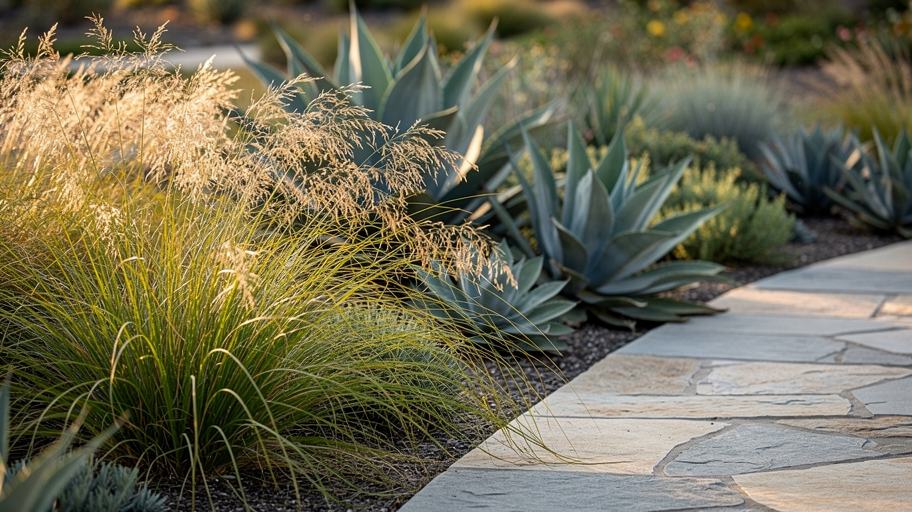 Professional photograph, natural light, realistic: Native grasses and agave planting bed bordering a stone walkway. No text or watermarks.