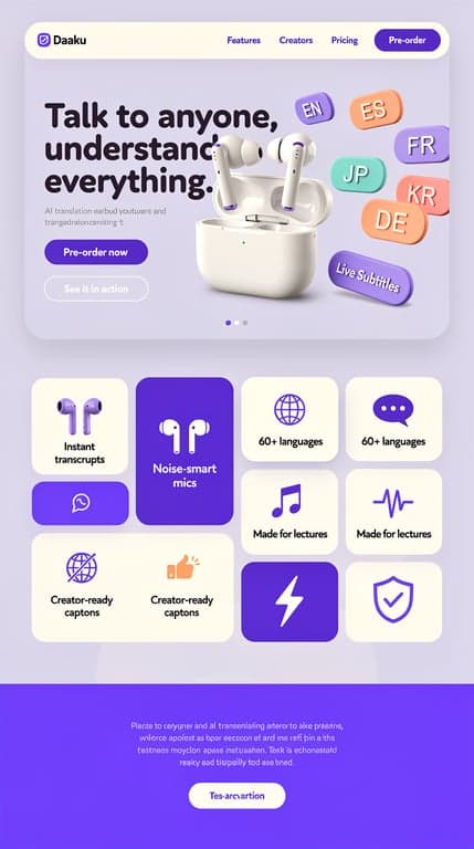 Full-page website mockup for "Daaku" AI translation earbuds for students and creators. Direction C: playful bold modern — big rounded cards on a soft lavender #f5f3ff background, chunky violet #4c1d95 and #7c3aed color blocks, oversized rounded-sans headline, colorful sticker-like language chips floating around a centered product photo in a large rounded hero card with drop shadow. Sections: rounded pill nav, hero card, bento grid of feature tiles with icons and mixed sizes, a violet full-bleed band with a phone/app mock and chat bubbles, animated-feel stats row, creator testimonial cards, big rounded pre-order block with price, friendly footer. Confident, tactile, high contrast, lots of breathing room.