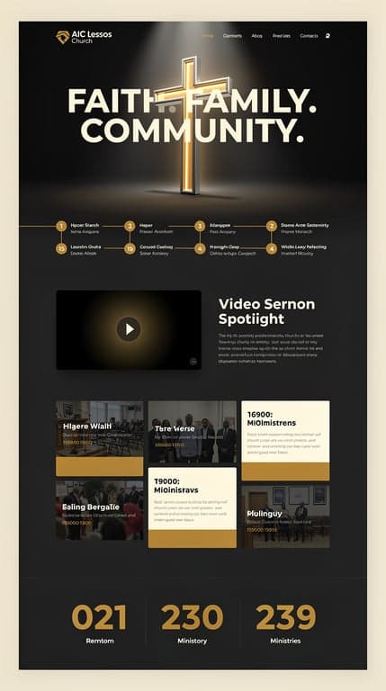 A bold, contemporary church website design for "AIC Lessos Church" with a dark near-black hero background featuring a glowing 3D-rendered rotating cross centerpiece, dramatic spotlight lighting, and a large bold sans-serif headline "Faith. Family. Community." Sections below use asymmetric offset layouts: a history timeline with numbered milestones on alternating sides, a video sermon spotlight with a play button overlay, a masonry ministries grid, and a stats counter section with big amber numbers. Palette of deep charcoal, amber-gold (#f59e0b) accents, and cream text, dramatic and modern mood with strong geometric shapes.