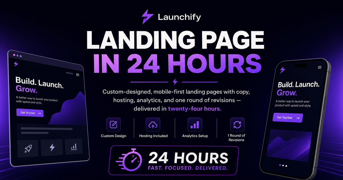 Landing page in 24 hours. Custom-designed, mobile-first landing pages with copy, hosting, analytics, and one round of
           revisions — delivered in twenty-four hours
