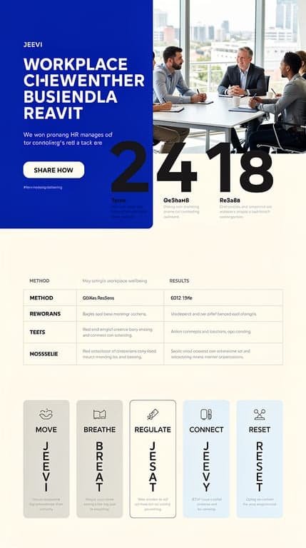 Sophisticated, data-driven landing page for JEEVI Workplace Wellbeing targeting HR managers and business owners. Split-screen hero: left half sapphire blue (#1e3a8a) solid panel with bold condensed sans-serif headline and CTA button, right half a real photo of a focused Australian office team in a meeting. Asymmetric offset layout throughout, statistics shown as large oversized numerals overlapping photo edges, evidence section styled like a clinical research report with thin rules and small caps labels. MOVE BREATHE REGULATE CONNECT RESET presented as five vertical cards with subtle icon and thin borders, alternating light gray and pale blue backgrounds. Clean grid, architectural feel, generous margins, near-black text on off-white, no wellness cliché imagery.