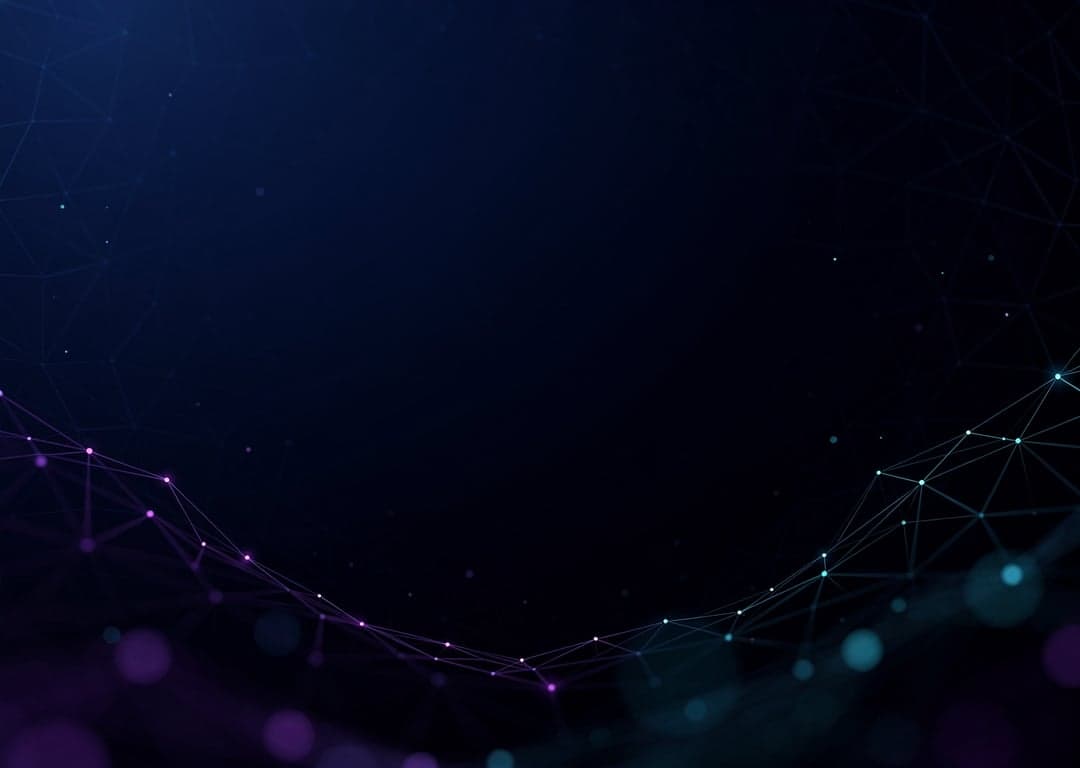 Abstract dark tech background, deep navy and indigo gradient with subtle geometric mesh, glowing violet and cyan particles and soft bokeh, minimal, elegant, modern developer portfolio hero, high detail