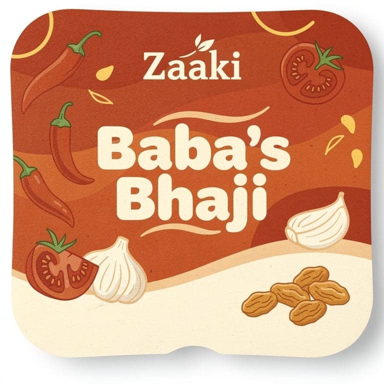 Create a **high-resolution, print-ready square label design (3.4 inch x 3.4 inch, 300 DPI)** for a premium hummus brand called **Zaaki**. The design should feel **bold, vibrant, playful, and modern with a Gen Z-friendly food brand aesthetic**, while still looking clean and retail-ready.

---

### 🧱 **LAYOUT STRUCTURE (TOP → BOTTOM)**

**1. TOP SECTION (LOGO AREA)**

* Place the **Zaaki logo centered at the top**, in **white**
* Logo should be **small to medium size (about 10–15% of label height)** — not dominant
* Keep it crisp, flat, no distortion, no shadows

---

**2. FLAVOR NAME (PRIMARY FOCUS)**

* Directly below the logo, place the flavor name:
  **“Baba’s Bhaji”** (correct spelling exactly like this)
* Make this the **largest text element on the label**
* Use **bold, rounded, friendly sans-serif typography**
* Color: **warm white or cream** for high contrast
* Slight curvature or organic baseline is okay for a playful feel

---

**3. BACKGROUND DESIGN**

* Use a **rich red-orange gradient background** (burnt orange → tomato red tones)
* Add a **soft flowing “wave” transition** into a **creamy off-white bottom section**
* Include **playful illustrated ingredients floating around the top/middle area**, such as:

  * Red chili peppers
  * Tomato slices
  * Garlic cloves
  * Golden raisins
* Illustrations should be:

  * **Flat, slightly textured, hand-drawn style**
  * Playful but not cluttered
  * Integrated into the background (not stickers)

---

**4. TAGLINE (FUN + EXPRESSIVE)**

* Place below the flavor name:

  **“Tad Spicy. Tomato-forward. Cozy in every bite.”**

* Style:

  * Slightly **script-like or casual handwritten font**
  * Color: deep red or clay tone
  * Add a **subtle curved underline or swoosh**
  * Should feel **playful and inviting, not corporate**

---

**5. INGREDIENT SECTION (BOTTOM AREA)**

* Add a section header:
  **“INGREDIENTS”** (small caps, centered, spaced out)

* Below, list ingredients cleanly in **2–3 lines**:

  CHICKPEAS • TOMATOES • GOLDEN RAISINS • TAHINI • OLIVE OIL • LEMON JUICE • CHILIS • GARLIC • SALT • BROWN SUGAR • CITRIC ACID • SPICES

* Typography:

  * Small, clean sans-serif
  * Color: dark brown or muted red
  * Use dot separators (•)

---

**6. WEBSITE**

* At the very bottom, centered:

  **zaakieats.com**

* Make slightly larger than ingredients text

* Clean sans-serif, spaced out, highly legible

---

### 🎨 **COLOR PALETTE**

* Burnt orange / tomato red (primary)
* Cream / off-white (base)
* Deep red / clay (accents)
* Warm yellow highlights
* Subtle green ONLY if needed in ingredients (very minimal)

---

### ✨ **STYLE NOTES**

* Lighting: **bright, clean, studio-quality**
* Texture: **light grain for warmth but not heavy**
* Avoid:

  * Overly realistic photography
  * Mediterranean tile patterns
  * Ornamental borders or clichés
  * Overcrowding
* Overall vibe:

  * **Bold, modern, playful**
  * **Food-forward and craveable**
  * **Premium but approachable**
  * **Designed to stand out on shelf**

---

### 📦 **OUTPUT REQUIREMENTS**

* Square format (1:1 ratio)
* 300 DPI
* Print-ready
* Clean edges with slight rounded corner framing to mimic container lid
