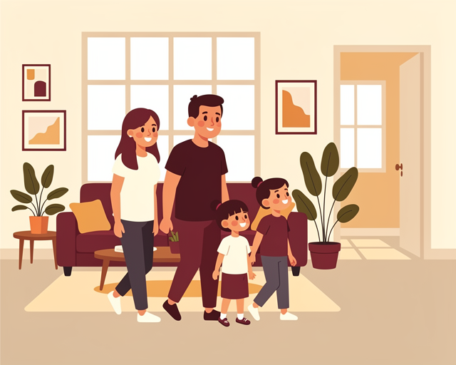 Warm flat vector illustration: Illustration of a family touring an open house together. Simple friendly shapes, cohesive warm palette of maroon and cream tones, no text or labels.