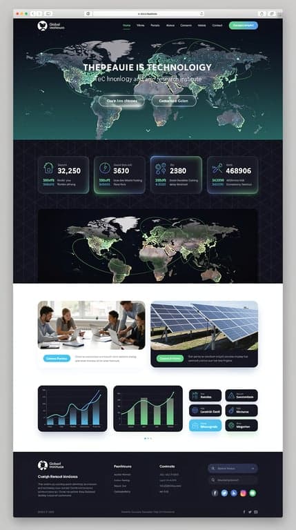 Full-page website mockup for a global technology and sustainability research institute. Immersive dark-mode-first direction: full-screen hero of a night earth-from-space / connected-globe visual with deep indigo-teal gradient, centered luminous display type, glassmorphic frosted CTA buttons with subtle borders, and a scroll cue. Below: translucent glass stat cards over a subtle grid pattern, an interactive globe/world map with emerald arcs connecting continents, an alternating light section with rounded photography of classrooms and solar microgrids, chart cards with soft glows, SDG chips, and a rich navy footer. Palette: midnight #071a2c, cyan-blue #38bdf8, emerald #34d399, soft white text. Cinematic, premium, high-contrast, generous spacing.