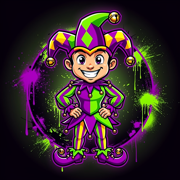 Cool cartoon jester mascot character wearing a colorful jester hat, playful confident pose, purple and neon green graffiti art style, dark background, digital illustration, circular composition
