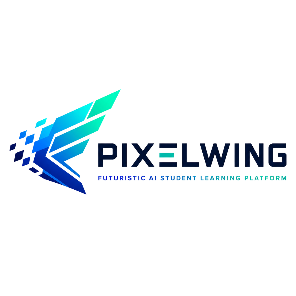 PIXELWING, futuristic AI student learning platform, abstract geometric wing built from angular pixel blocks forming a sleek chevron wing shape, bold modern wordmark beside it