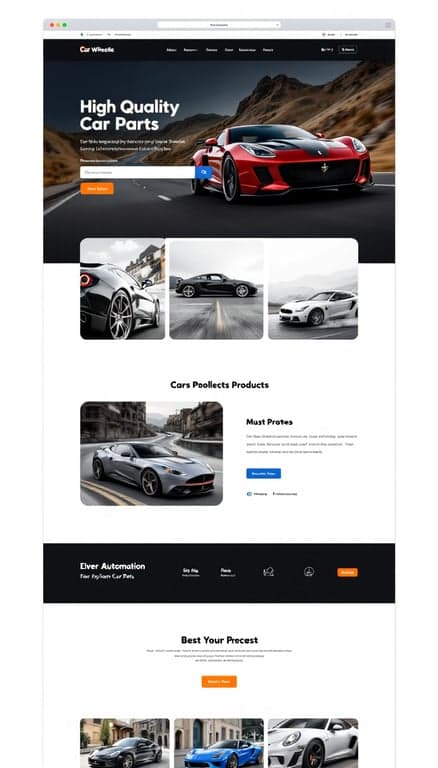 Create a one-page website for 'Car Wheelie', a platform for high-quality car parts. Incorporate a classic automotive theme with bold colors, featuring a prominent search bar, attractive product showcases, and user-friendly navigation, appealing to car enthusiasts.