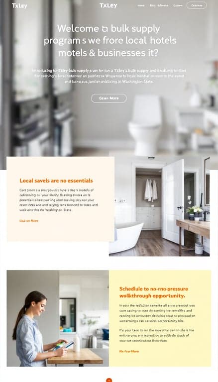 Create a clean one-page website to introduce Txley’s bulk supply program for local hotels, motels, and businesses in Washington State. Highlight cost-saving benefits of janitorial essentials and invite decision-makers to schedule a no-pressure walkthrough for savings opportunities.