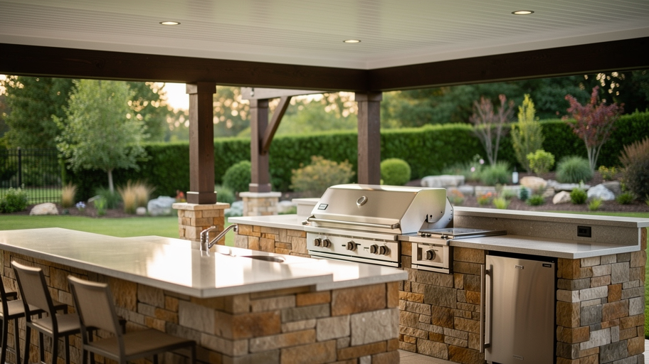 Professional photograph, natural light, realistic: Outdoor kitchen with grill island and stone countertop under a covered patio. No text or watermarks.