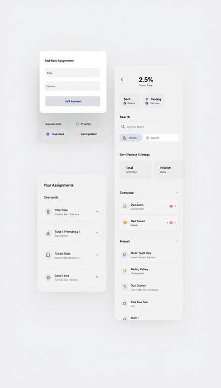 Design a clean, modern one-page Assignment Tracker web UI: left-side white card labeled "Add New Assignment" with inputs (title, course, due date, priority, description) and an indigo "Add Assignment" button; right-side larger panel titled "Your Assignments" with three stat cards (Total / Pending / Completed), search box, sort controls, filter buttons, and a scrollable list of assignment cards showing title, course, priority badge, due status, description, dates, and action icons (complete, delete). Use a soft gray background, indigo as the primary accent, subtle shadows and rounded corners, minimalist icons, and calm pastel status colors for due/priority (red for overdue, yellow/orange for due soon, green for completed) in a responsive, Tailwind-style card-based layout.