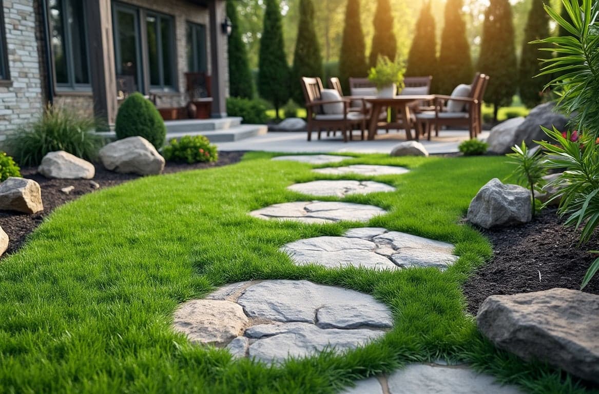 Professional landscaped garden with stone pathways, lush green grass, and decorative rocks surrounding a modern home patio area