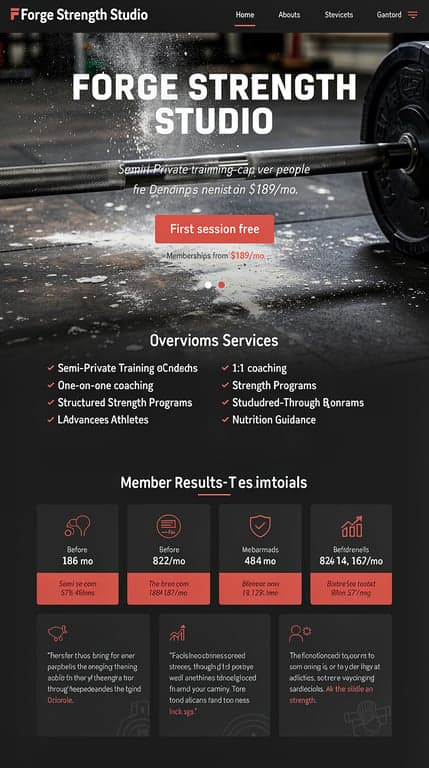Homepage for Forge Strength Studio in Denver: bold dark one-page layout (black, slate, ember red) with a strong hero pitching semi-private training capped at four, one-on-one coaching, strength programs for beginners through athletes, nutrition guidance, memberships from $189/mo and a prominent "First session free" CTA. Use gritty, authentic gym imagery and textures (barbell, chalk, concrete), strong typography, a member results/testimonials section and minimal icons — no cheesy stock photos.