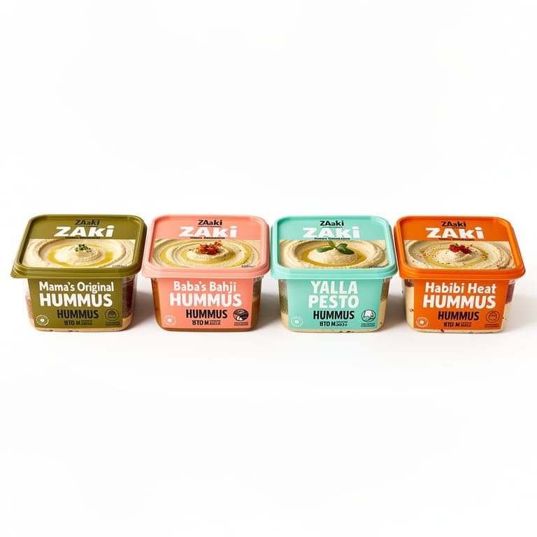 Create a bold, retail-ready hummus packaging mockup for Zaaki inspired by the clarity and confidence of brands like Yellow Bird and Tony’s Chocolonely — where each flavor is defined by one dominant, unmistakable color.
Use a square, transparent plastic container with a square lid, suitable for U.S. grocery shelves. The hummus inside should be clearly visible and appetizing.
Each flavor uses ONE main hero color from the Zaaki palette, covering most of the lid and front label, with minimal secondary accents:

Mama’s Original → Olive green #A7A838
Baba’s Bahji → Harissa orange #EC6542 or rose pink #F37C90
Yalla Pesto → Mint/teal #60C3AD
Habibi Heat → Harissa orange #EC6542
The Zaaki logo must appear exactly as provided, bold and high-contrast, placed confidently on the lid and front panel. It should feel iconic and instantly recognizable.
The word “HUMMUS” must be clearly visible on the front, paired directly with the flavor name (e.g., “Mama’s Original HUMMUS”).
Design style:

Extremely bold and minimal
Large color fields with strong contrast
Oversized, confident typography
Very limited illustration — if used, keep it simple and graphic (single icon, abstract shape, or subtle texture)
Avoid:

Decorative Mediterranean patterns
Ingredient collages or photorealistic graphics
Busy layouts or excessive detail
Muted, earthy, or “artisan” aesthetics
Instead:

Let color do the talking
Strong hierarchy: Brand → Flavor → HUMMUS
Design that reads instantly from 6 feet away
Packaging that feels social-media native and shelf-stopping
FDA realism:
Include believable U.S. grocery labeling elements (net weight, ingredients, allergen statement, nutrition facts panel on side/back). These should be clean, unobtrusive, and realistic.
Overall vibe:

Confident, playful, and modern
Gen Z–friendly without trying too hard
Proudly rooted in Levant culture through attitude, not ornament
Looks incredible when all flavors are lined up together
Lighting should be bright and clean. The final image should feel iconic, fearless, and unmistakably Zaaki.
Design should rely primarily on bold color and typography. Minimal graphics only.