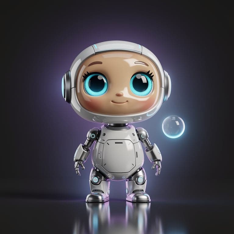 Cute futuristic AI robot mascot character, small rounded glossy body, big expressive glowing blue eyes, floating orb companion, soft violet and blue gradient glow, friendly intelligent expression, centered on a plain dark background, 3D render, studio lighting, product mascot style