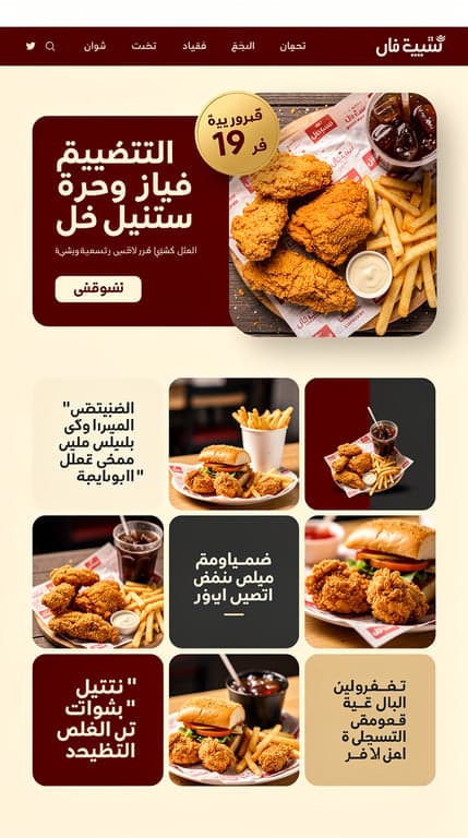 Full-page mockup of a premium Arabic RTL fast-food restaurant website ("بيك تشيكن"). Direction 3 — "Bold Appetite Grid": warm cream and deep red (#B91C1C) blocks with charcoal, hero as an asymmetric collage — a large rounded-corner food photo card overlapping a solid red panel holding the giant Arabic headline, tilted price badges, playful yet refined. Sticky red navbar with white Arabic links. Below: a mosaic bento grid mixing photos, quotes and stats, then menu categories as colored section bands with white food cards, chunky rounded corners, strong contrast, energetic but polished layout with generous padding.