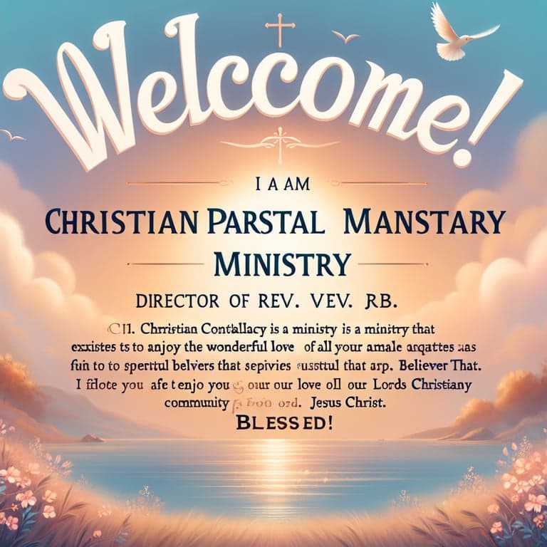 Una imagen de bienvenida con el título 'MINISTERIO PASTORAL CRISTIANO' centrado en la parte superior. Debajo de eso, el siguiente texto: '¡Bienvenidos!' debajo de eso: 'Soy el Rev. JRB. Director De Consultoria Cristiana.' debajo de eso: 'Consultoria Cristiana Es Un Ministerio Que Como Su Nombre Lo Indica Existe Para Responder A Todas las Inquietudes Espirituales Que Los Creyentes Tienen. En El Amor maravilloso De Nuestro Señor Jesucristo.' debajo de eso: 'Los Invito A Disfrutar De Nuestra Comunidad Cristiana Virtual De Fe.' y en la parte inferior: '¡ Bendecidos !'. El fondo debe ser sereno y edificante, adecuado para un ministerio de consultoría cristiana.