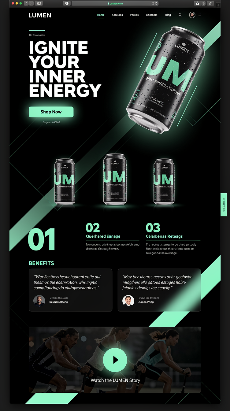 Bold energetic grid-based homepage for wellness beverage brand LUMEN, dark near-black canvas with diagonal mint-green light streaks and geometric accent shapes. Hero features an asymmetric offset composition: giant tilted product can with glossy highlight on the right, huge condensed uppercase headline stacked on the left, bright mint "Shop Now" button with hover glow. Product section shown as a dynamic 3-card carousel with glossy reflections, benefits shown as bold numbered stat blocks, testimonials in dark glass-morphism cards, and a full-bleed promo video strip with neon-mint play button. High-contrast, dynamic, sporty-premium commercial aesthetic.