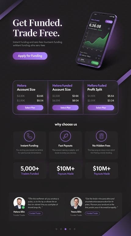 Homepage for "Helora Funded" prop trading firm, sleek institutional dark theme with deep charcoal background and electric violet-purple (#7c3aed) accent gradients over a subtle grid pattern. Hero is split-screen: left large serif-meets-sans headline "Get Funded. Trade Free." with subhead and CTA button, right side a floating 3D-style dashboard mockup showing account balance and profit chart. Sections below include a horizontal comparison table of funding plans, an icon-driven "why choose us" grid, animated-looking stat counters (traders funded, payouts made), and a dark testimonial carousel. Modern, premium, fintech SaaS feel with sharp geometric dividers.