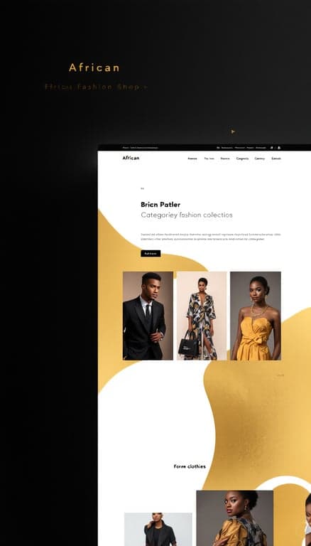 Design a one-page website for an African fashion shop featuring a clean white background with gold and black accents. Include a gallery for browsing clothing by categories, making it easy for customers to explore the collection.