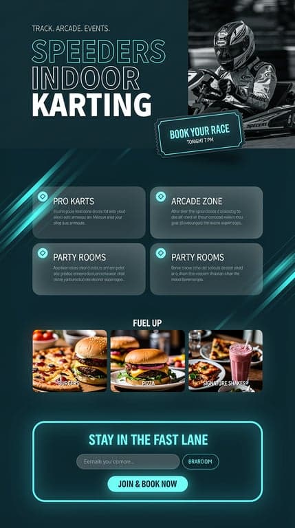 Speeders Neon-Teal Karting Website Mockup