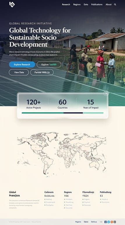 Full-page website mockup for a global research initiative "Global Technology for Sustainable Socio-Economic Development". Institutional-authoritative direction like the World Bank or UN: full-bleed hero photograph of solar panels and a diverse rural community with a deep navy-to-teal gradient overlay, large confident serif display headline over it, thin uppercase letterspaced eyebrow label, and a row of pill CTA buttons. Below: a floating glassmorphism stat bar overlapping the hero, then an interactive world map section on off-white with green data dots and a right-hand legend panel, alternating split image/text research highlights, an SDG icon grid in emerald tiles, and a deep navy footer with fine rules. Palette: deep navy #0b2b4f, ocean blue #1e6fd9, emerald #10b981, off-white #f6f8fb. Generous whitespace, soft shadows, 12px radii, editorial and trustworthy.