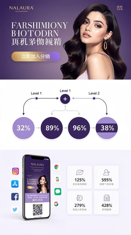 A luxurious fashion-forward affiliate program landing page for a wig brand called NALAURA. Deep royal purple (#6b21a8) and lavender (#f3e8ff) palette with white space, elegant serif display headline in hero showing a glamorous model wearing a wig, gold-purple gradient CTA button "立即加入分销". Below hero, an elegant two-tier commission diagram showing Level 1 and Level 2 affiliate nodes connected with curved lines, large percentage callouts. A section with a phone mockup showing a shareable poster with QR code, surrounded by social app icons. Clean grid stat cards for commission rates. Sophisticated, editorial, magazine-like typography.
