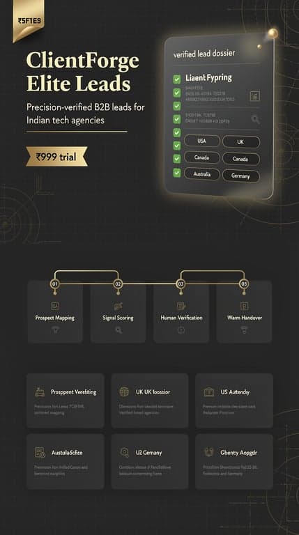 Full-page website mockup for "ClientForge Elite Leads", premium B2B lead-gen for Indian tech agencies serving US/UK/Canada/Australia/Germany clients. Direction B — Data Dossier: dark charcoal #0F1419 base with a faint gold grid/blueprint texture, split-screen hero (left: Playfair Display headline in cream with gold underline and ₹999 trial ribbon; right: a floating glassmorphic "verified lead dossier" card with checkmarks, country flags-as-text chips and a gold pulse dot), followed by a wide horizontal 4-step methodology rail with connecting gold line, monospaced micro-labels, country market cards as a 5-across strip, and pricing as three stacked dark panels with the middle-left trial panel glowing gold. Technical, dossier-like, high contrast, generous negative space.