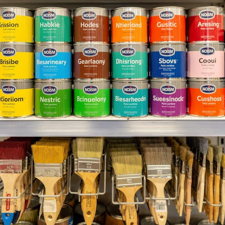 Neatly Arranged Paint Cans and Brushes