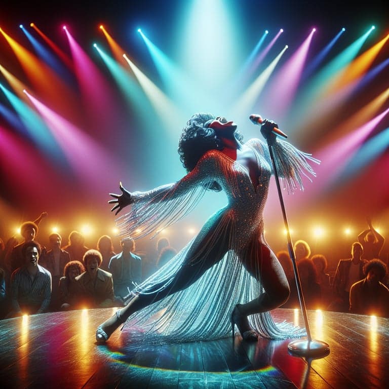 performer on stage with colorful lights