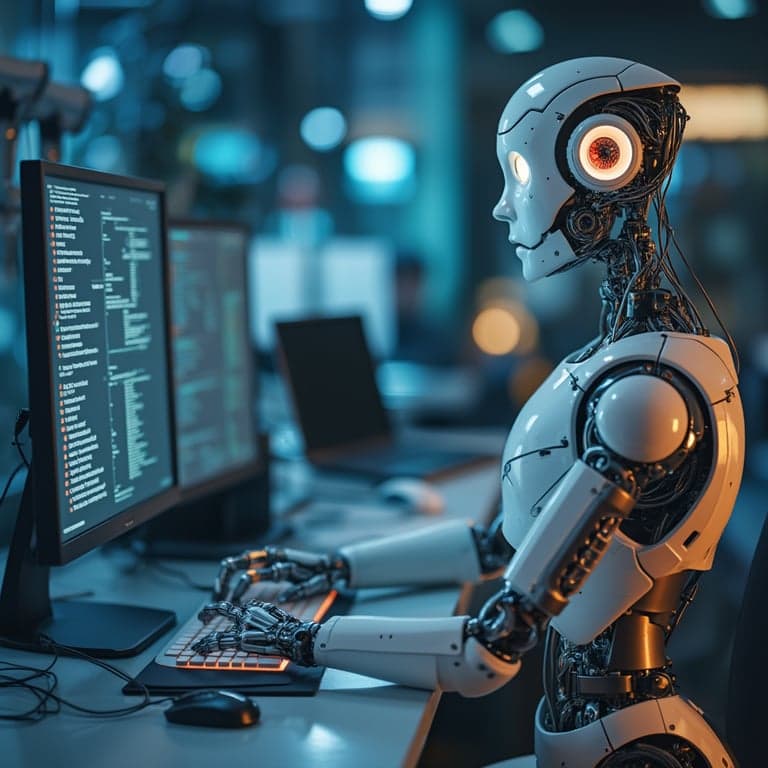 A photo of an AI robot typing on a computer