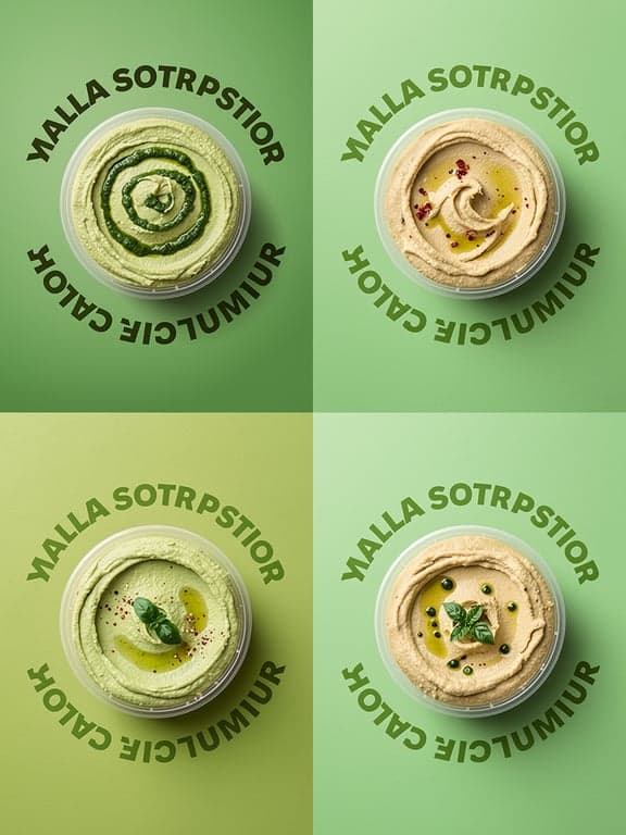 Create a clean, modern Instagram food graphic arranged in a four-quadrant grid layout (2x2). Each quadrant features a different hummus flavor presented in a shallow, round 12 oz clear deli-style hummus container. The containers must have no labels, logos, or branding — the hummus itself and the toppings are the visual focus.
The overall design style should feel fresh, modern, minimal, and playful, similar to contemporary food brand social media posts. The layout is perfectly symmetrical and balanced, optimized for a 1:1 Instagram square format.
Overall Composition
The canvas is divided into four equal quadrants:
Top-left
Top-right
Bottom-left
Bottom-right
Each quadrant contains:
• A solid color background with a soft matte texture
• A single hummus container centered in the frame
• Repeated curved text in the background naming the flavor
• Lighting that creates soft shadows under the container
The containers are clear shallow round plastic hummus containers (12 oz) with smooth rounded edges and a slightly frosted rim, filled to the top with creamy hummus.
The hummus surface should be beautifully styled with toppings specific to each flavor.
No lids visible. No labels.
Lighting
Lighting should be soft studio lighting designed for modern food branding.
Characteristics:
• Light coming from top left
• Gentle soft shadow under each container
• Slight highlights on the hummus surface
• No harsh reflections
• Even brightness across all quadrants
The hummus should look creamy, rich, and appetizing with visible texture.
Typography Style in Background
Behind each hummus container, the flavor name is repeated multiple times in a curved circular pattern, radiating outward behind the container.
The text:
• Uses a bold, modern sans-serif font
• Slightly darker shade than the background color
• Repeated 5–7 times
• Slight arc or wave pattern
The background text should be subtle but visible, creating movement and energy.
Quadrant Details
Top Left — Yalla Pesto
Background color:
A soft fresh basil green gradient.
Container contents:
Smooth hummus tinted light green from basil pesto.
Topping details:
• Swirls of deep green basil pesto
• Small basil leaves
• Light drizzle of olive oil
• A few pine nuts
Texture should look herbaceous, fresh, Mediterranean-inspired.
Background repeating text:
"Yalla Pesto"
Repeated in a curved pattern behind the container.
Top Right — Baba's Bhaji
Background color:
A soft warm tomato-beige color, inspired by roasted tomatoes.
Container contents:
Classic creamy beige hummus.
Topping details:
• Roasted cherry tomatoes
• Small parsley leaves
• Light olive oil drizzle
• A sprinkle of cracked black pepper
The tomatoes should look glossy and roasted, adding bright color contrast.
Background repeating text:
"Baba's Bhaji"
Repeated behind the container in a circular pattern.
Bottom Left — Habibi Heat
Background color:
A warm muted chili-red / paprika tone.
Container contents:
Classic hummus base.
Topping details:
• Bright red chili oil swirl
• Red pepper flakes
• Tiny sliced red chilies
• Olive oil highlights
The chili oil should create a dramatic swirling pattern on the hummus surface.
Background repeating text:
"Habibi Heat"
Repeated behind the container in curved lines.
The overall vibe should feel bold, spicy, and energetic.
Bottom Right — Tahini Twist
Background color:
A soft toasted sesame beige.
Container contents:
Creamy hummus with a slightly lighter tahini tone.
Topping details:
• Golden sesame oil drizzle
• Toasted sesame seeds
• Small tahini swirl pattern
• Optional pinch of sumac or sesame crumble
The hummus should look rich, nutty, and silky smooth.
Background repeating text:
"Tahini Twist"
Repeated behind the container in a circular pattern.
Container Styling
All containers should be:
• Shallow round 12 oz deli-style containers
• Transparent plastic
• Slight lip at the rim
• Filled close to the top
• Smooth hummus swirl pattern before toppings
The containers must be:
NO LABELS
NO BRAND NAME
NO STICKERS
Camera Angle
Camera perspective:
• Direct front-facing shot
• Slight top-down angle (about 20°)
• Containers centered in each quadrant
• Minimal depth distortion
Texture and Detail
The hummus texture should appear:
• Creamy
• Thick
• Smooth but slightly rustic
• Spreadable
Toppings should look fresh and vibrant, with visible oil gloss.
Visual Vibe
The final image should feel:
• Fresh
• Modern food brand
• Playful but minimal
• Mediterranean-inspired
• Social-media optimized